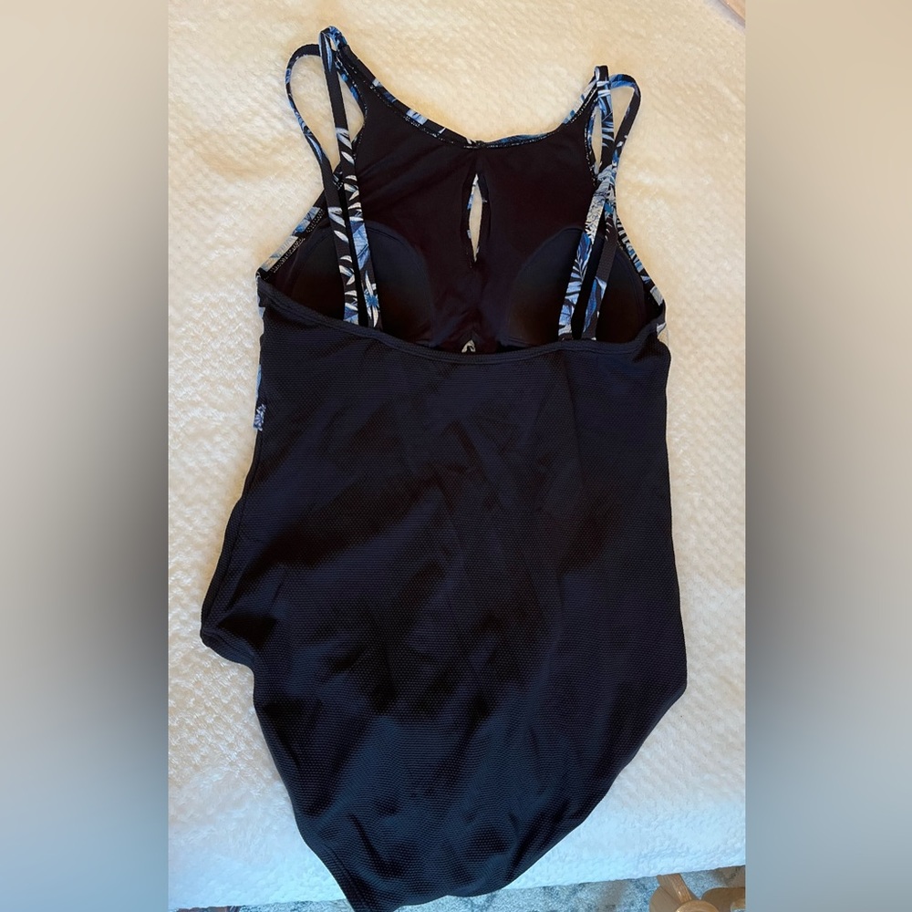 Tommy Bahama Black and Blue Floral One Piece Keyhole Swimsuit - Picture 3 of 5